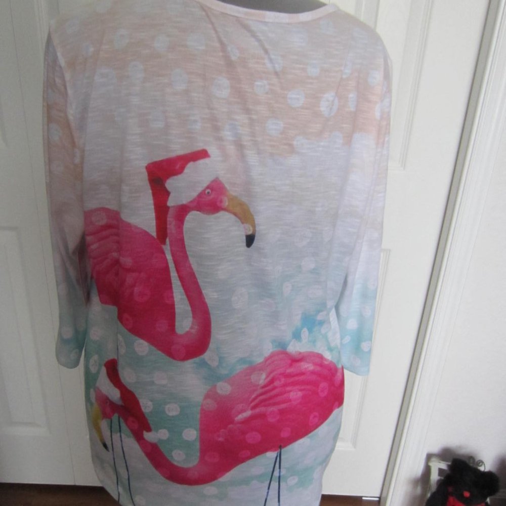 1X Flamingo Christmas Top--Tropical Santa Flamingos-Embellished--NWT - Picture 4 of 7